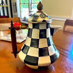 Mackenzie Childs Courtly Check 64oz jug and lid, Enamelware, wood handle,retired